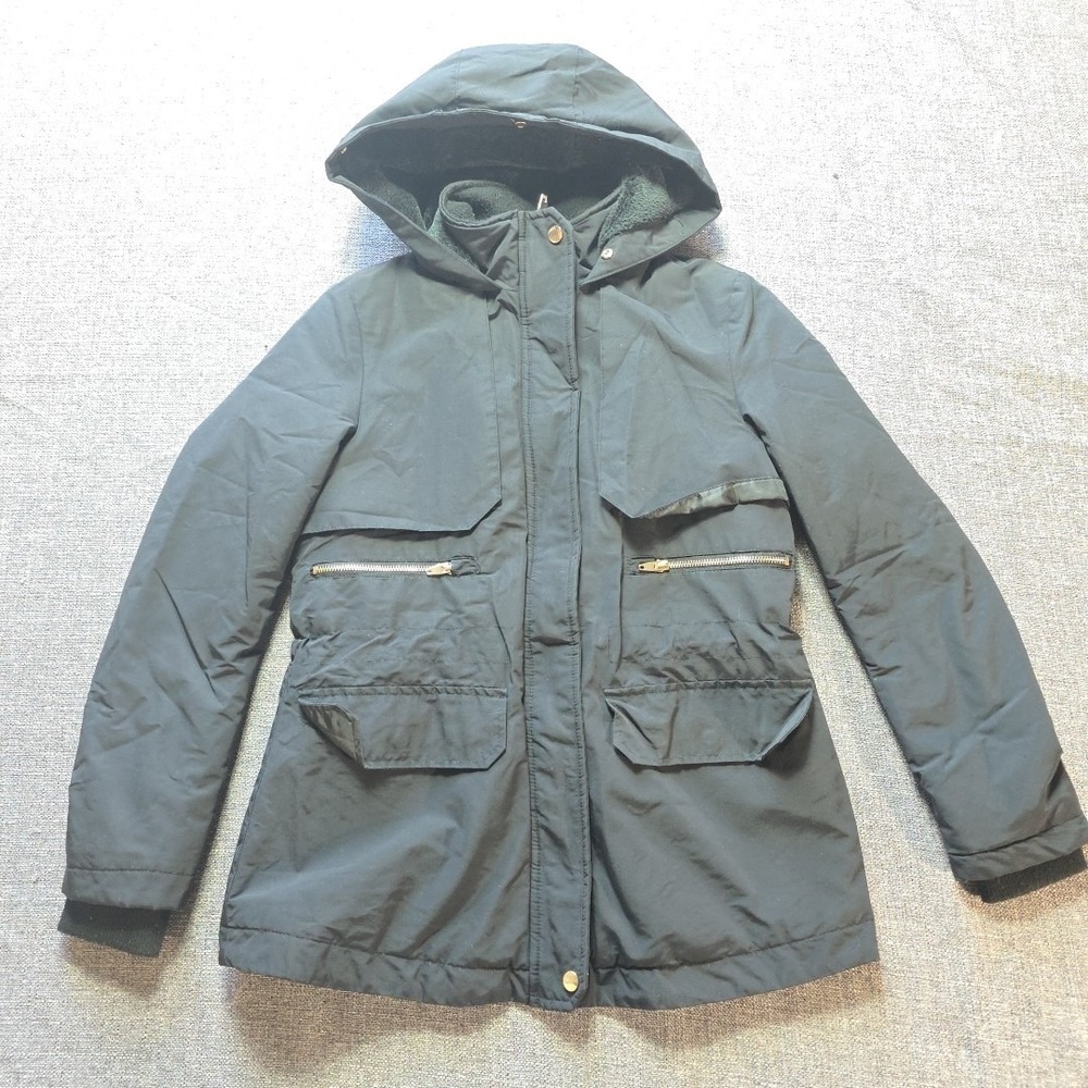Zara Basic Outerwear Coat Womens XS Black Full Zip Hooded Quilt Lined